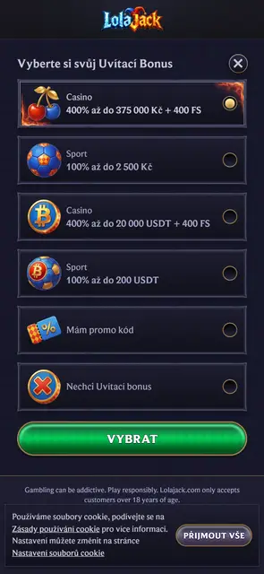 Výběr uvítacího bonusu v češtině na webu Lolajack